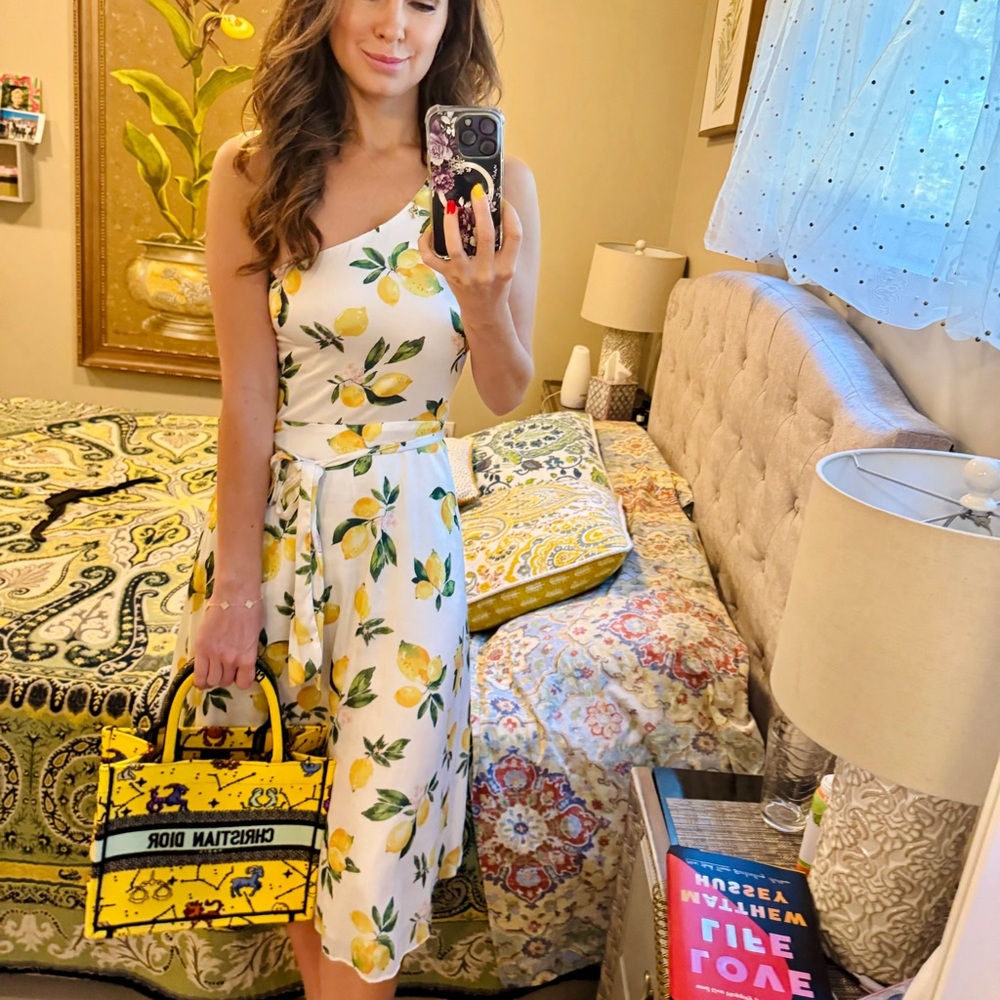 Skies are blue one shoulder lemon printed dress XS